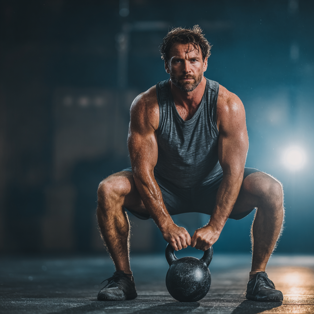 Athletic man in his 40s performing CrossFit exercises with kettlebell in industrial-style gym