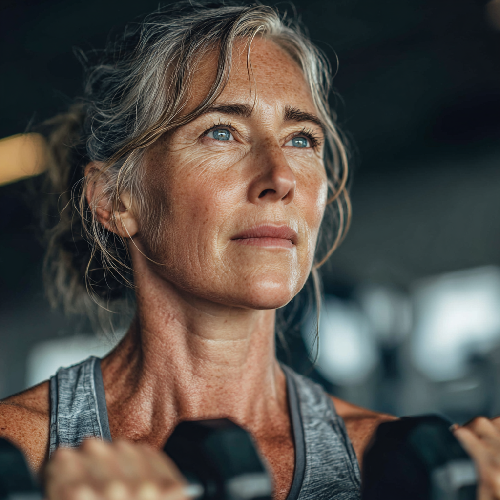 Fit middle-aged woman in her 50s doing strength training with dumbbells in modern gym