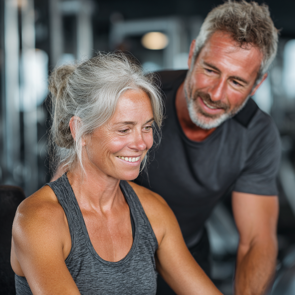 Personal trainer working with middle-aged client in her 50s during individual fitness session